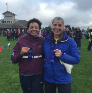 Sandy Bissessur and I proudly showing off our first place BC Cross Country Championship age division ribbons (photo by Cathy)