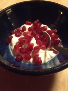 Greek honey yogurt with pomegranate seeds